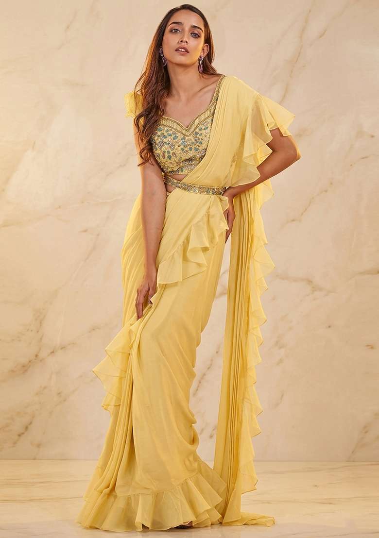 Yellow Embroidered Handwork Pre Draped Saree Set - Indya
