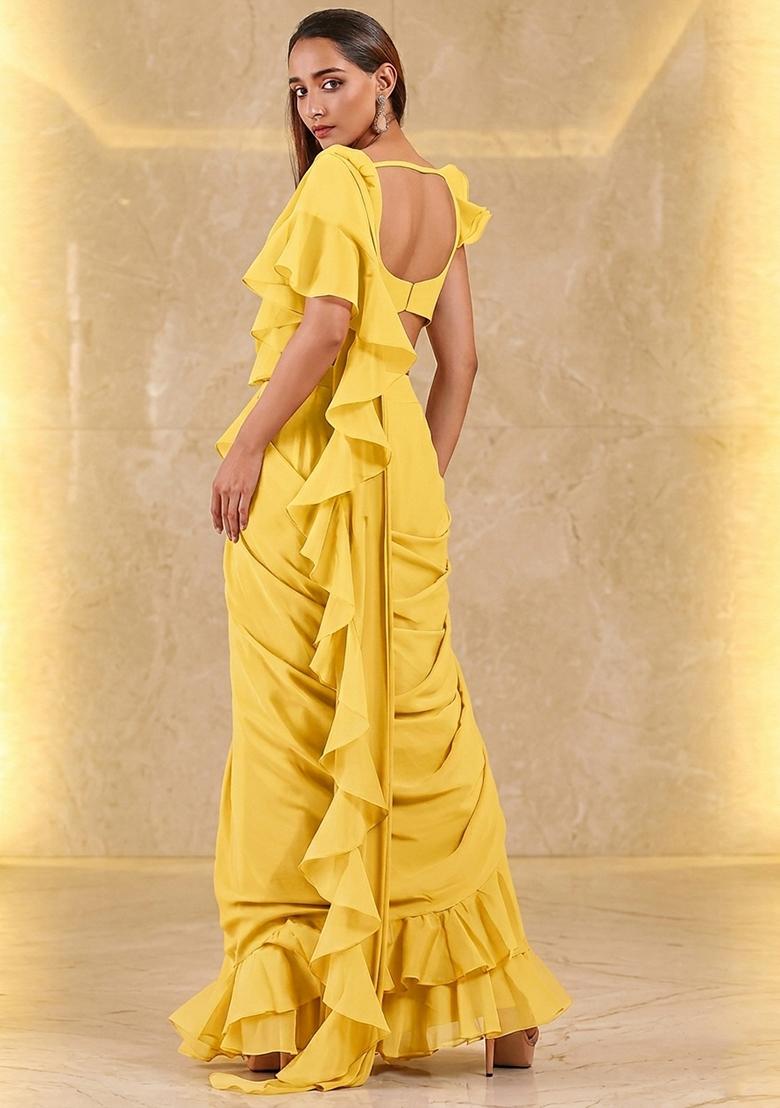 Yellow Embroidered Handwork Pre Draped Saree Set - Indya