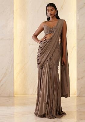 Beige Embroidered Handwork Pre Draped Saree Set