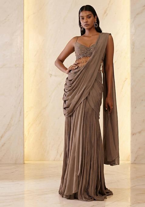 Beige Embroidered Handwork Pre Draped Saree Set