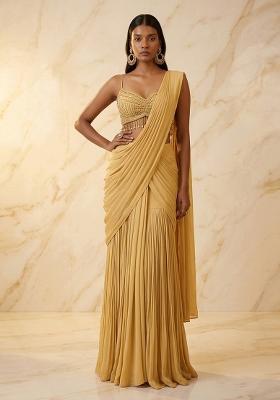 Yellow Embroidered Handwork Pre Draped Saree Set