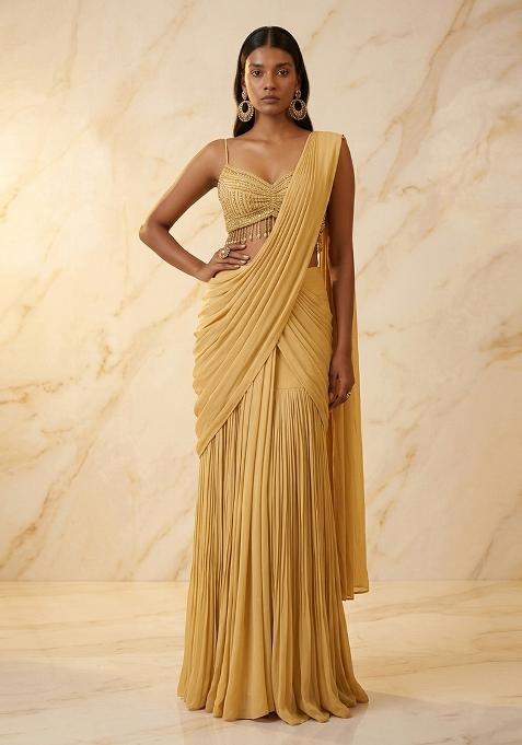 Yellow Embroidered Handwork Pre Draped Saree Set