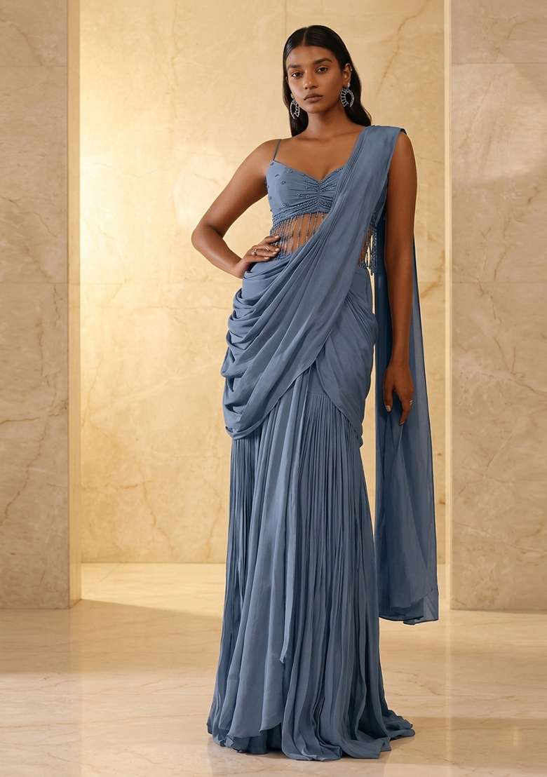 Powder Blue Embroidered Handwork Pre Draped Saree Set - Indya