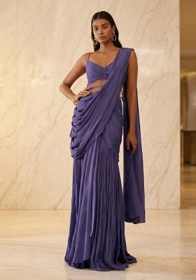 Purple Embroidered Handwork Pre Draped Saree Set