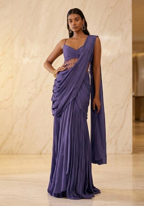 Purple Embroidered Handwork Pre Draped Saree Set