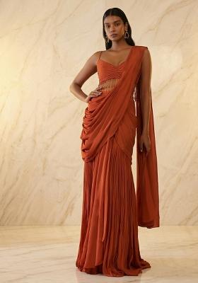 Rust Embroidered Handwork Pre Draped Saree Set