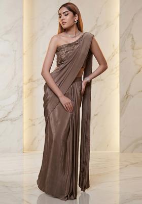 Beige Embroidered Handwork Pre Draped Saree Set