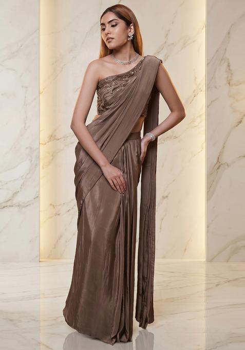 Beige Embroidered Handwork Pre Draped Saree Set