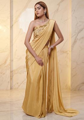 Gold Embroidered Handwork Pre Draped Saree Set