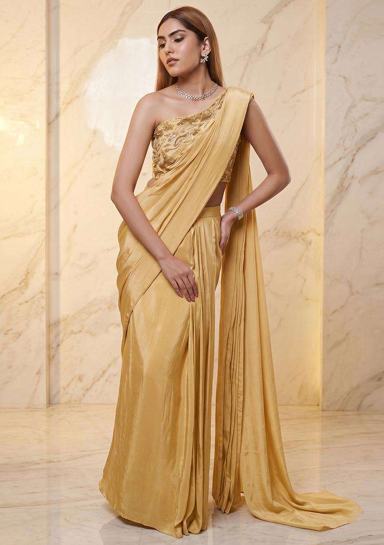 Gold Embroidered Handwork Pre Draped Saree Set - Indya
