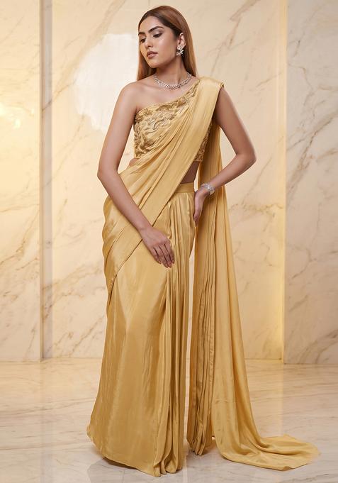 Gold Embroidered Handwork Pre Draped Saree Set