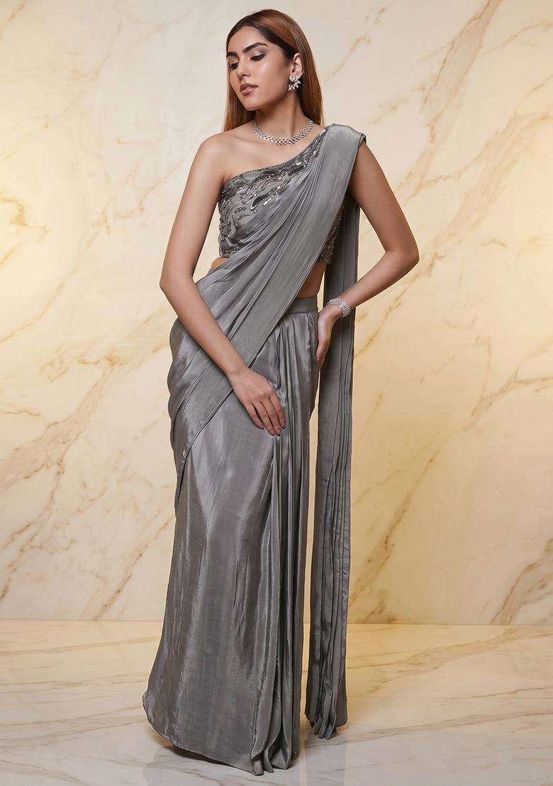 Grey Embroidered Handwork Pre Draped Saree Set - Indya