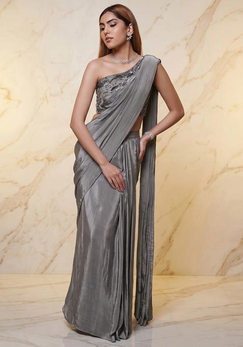 Grey Embroidered Handwork Pre Draped Saree Set