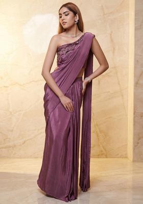 Mauve Embroidered Handwork Pre Draped Saree Set