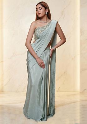 Mint Embroidered Handwork Pre Draped Saree Set