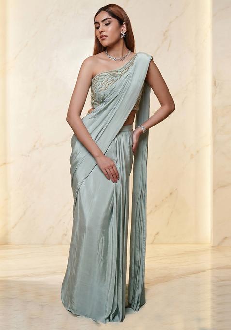 Mint Embroidered Handwork Pre Draped Saree Set