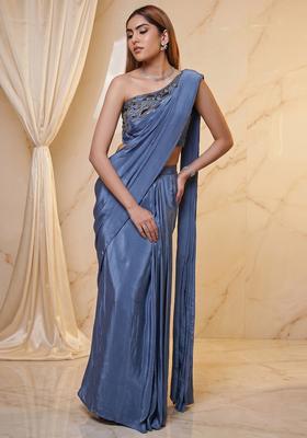 Powder Blue Embroidered Handwork Pre Draped Saree Set