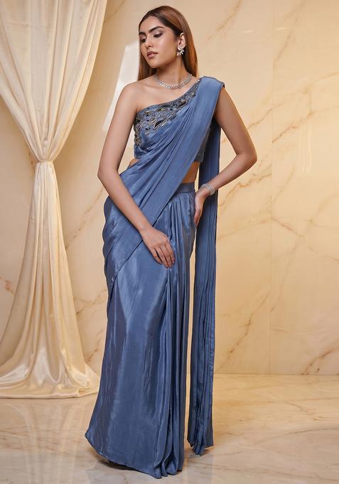 Powder Blue Embroidered Handwork Pre Draped Saree Set