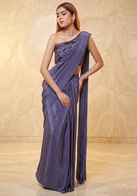 Purple Embroidered Handwork Pre Draped Saree Set