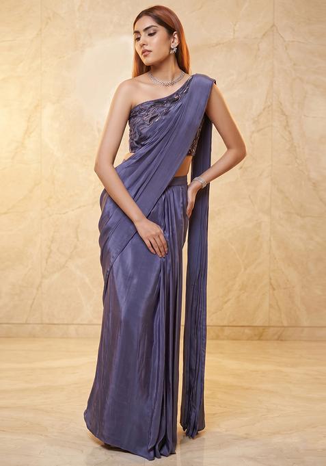 Purple Embroidered Handwork Pre Draped Saree Set