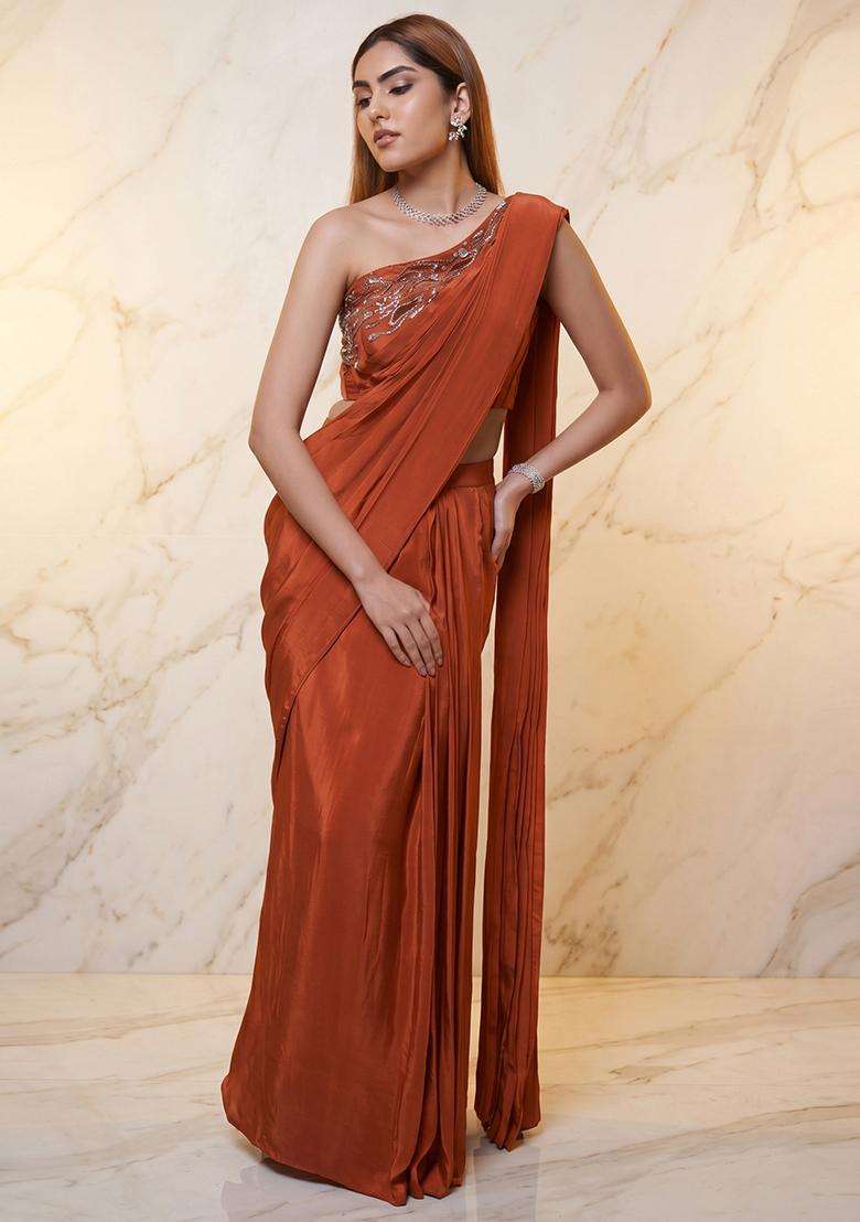 Rust Embroidered Handwork Pre Draped Saree Set - Indya