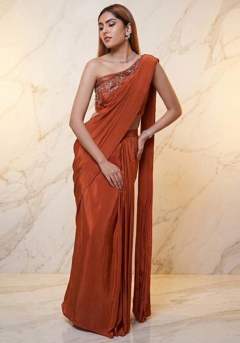 Rust Embroidered Handwork Pre Draped Saree Set