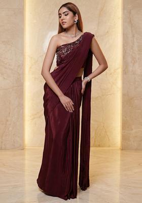 Wine Embroidered Handwork Pre Draped Saree Set