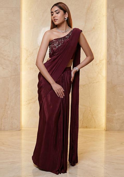 Wine Embroidered Handwork Pre Draped Saree Set