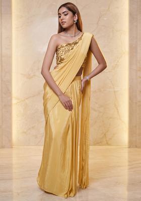Yellow Embroidered Handwork Pre Draped Saree Set