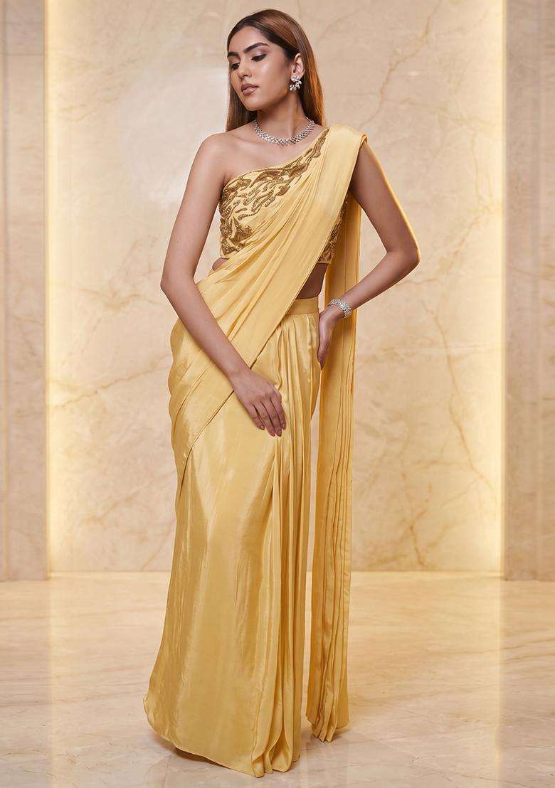 Yellow Embroidered Handwork Pre Draped Saree Set - Indya
