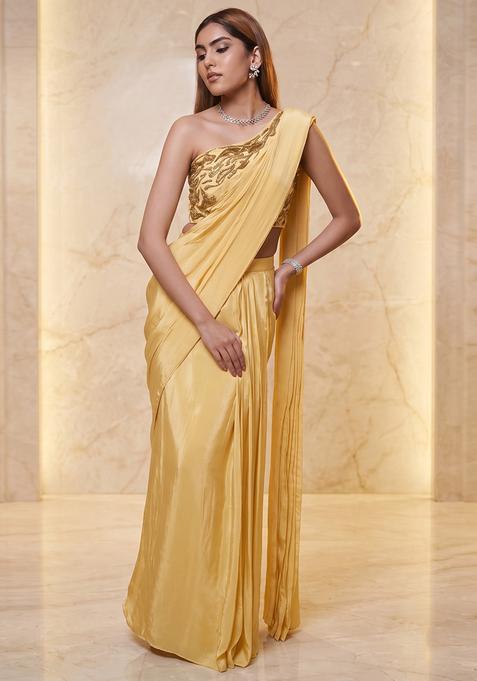 Yellow Embroidered Handwork Pre Draped Saree Set