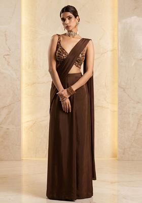 Brown Embroidered Handwork Fusion Set