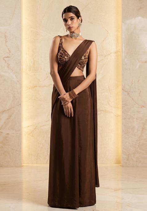 Brown Embroidered Handwork Fusion Set