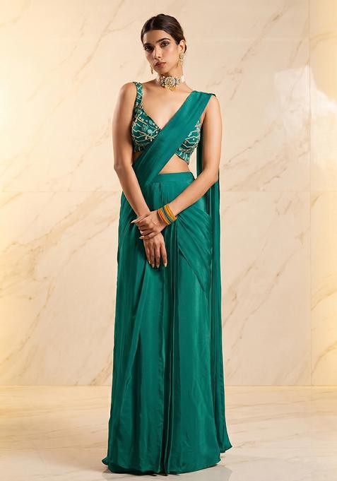 Green Embroidered Handwork Fusion Set