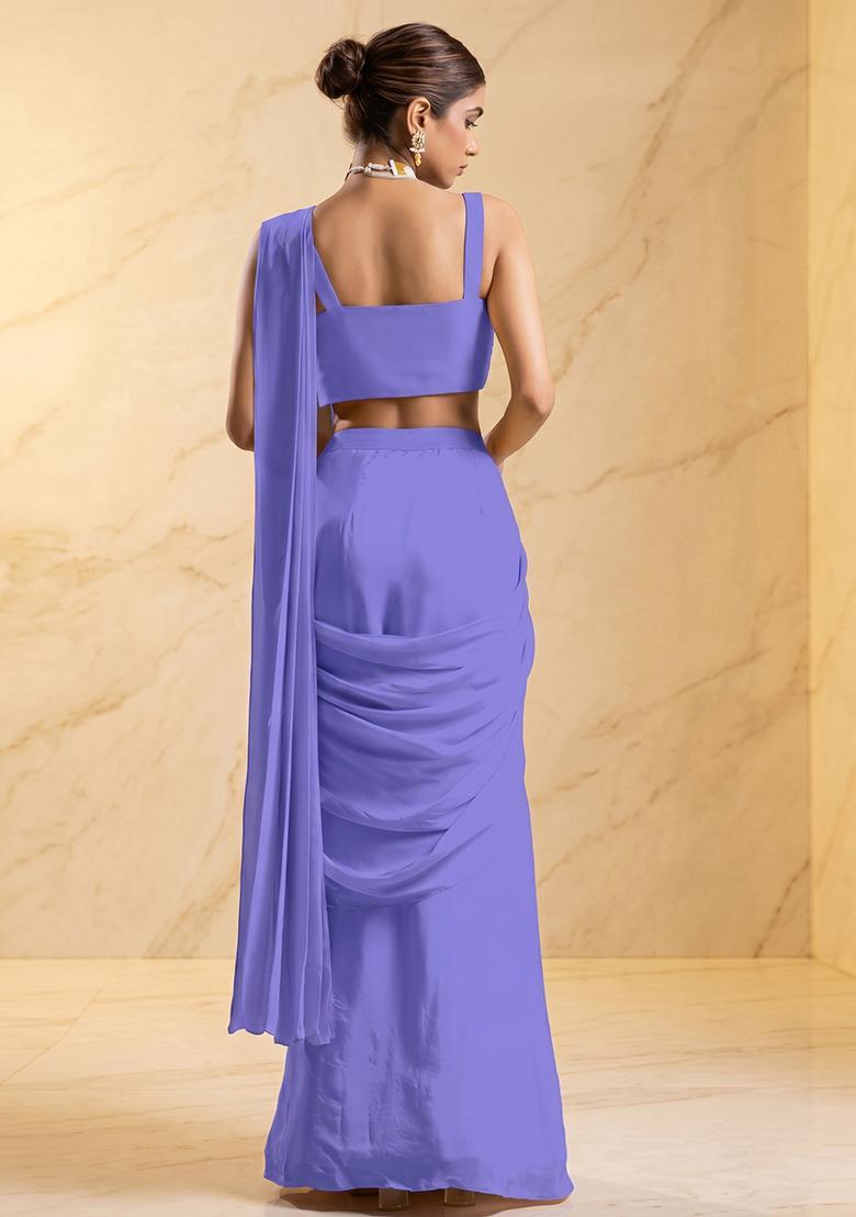 Lavender Embroidered Handwork Pre Draped Saree Set - Indya