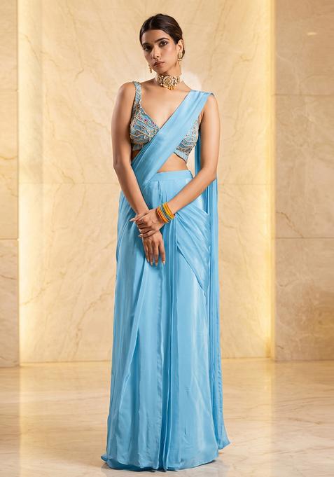 Light Blue Embroidered Handwork Fusion Set
