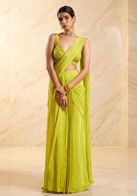 Lime Green Embroidered Handwork Fusion Set