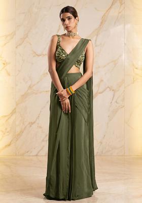 Olive Green Embroidered Handwork Fusion Set