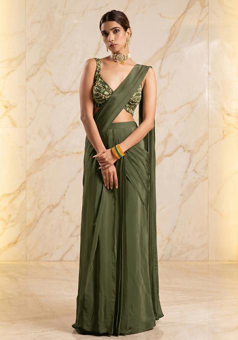 Olive Green Embroidered Handwork Fusion Set
