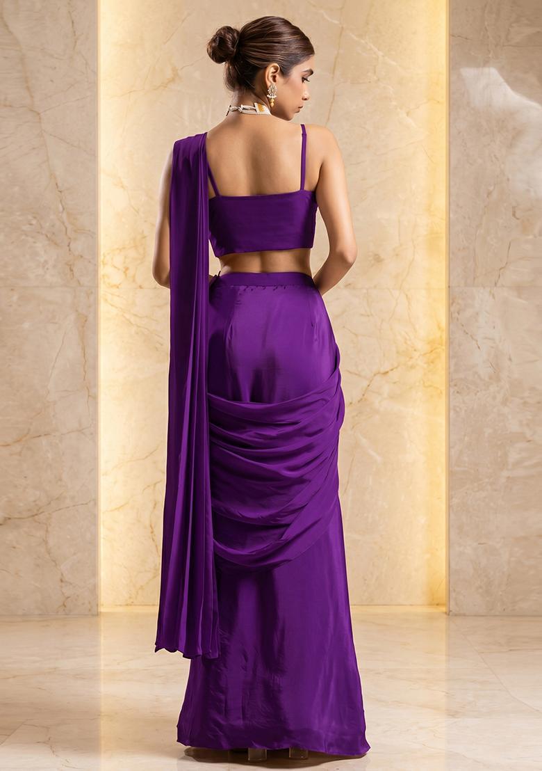 Purple Embroidered Handwork Pre Draped Saree Set - Indya