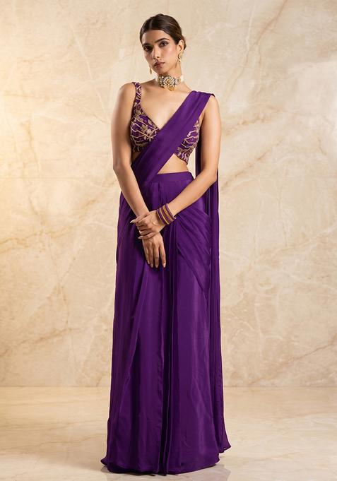 Purple Embroidered Handwork Fusion Set
