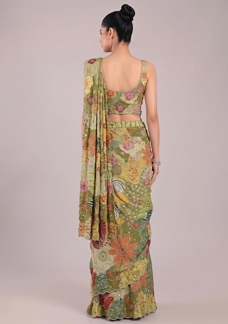 Green Printed Crepe Pre Draped Saree Set - Indya