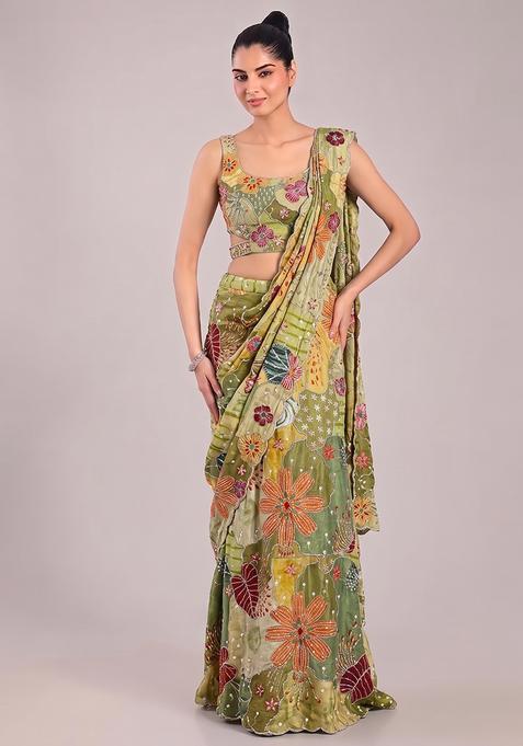 Green Printed Crepe Pre Draped Saree Set