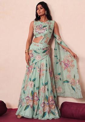 Sea Green Printed Organza Pre Draped Saree Set
