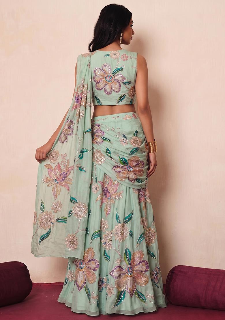Sea Green Printed Organza Pre Draped Saree Set - Indya