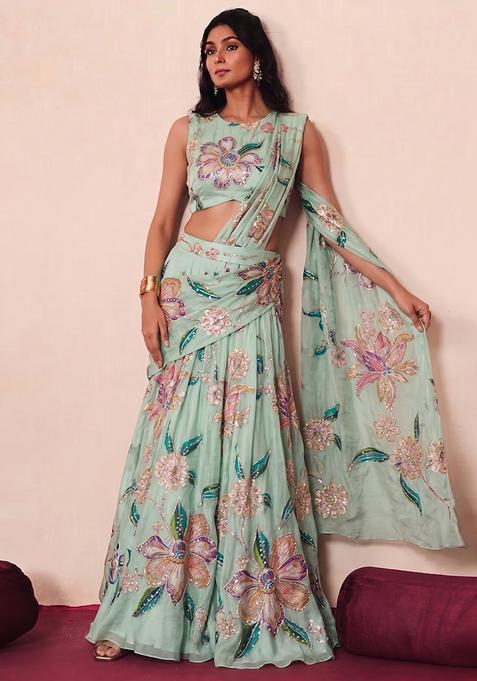 Sea Green Printed Organza Pre Draped Saree Set