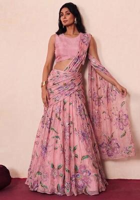Light Pink Printed Organza Pre Draped Saree Set