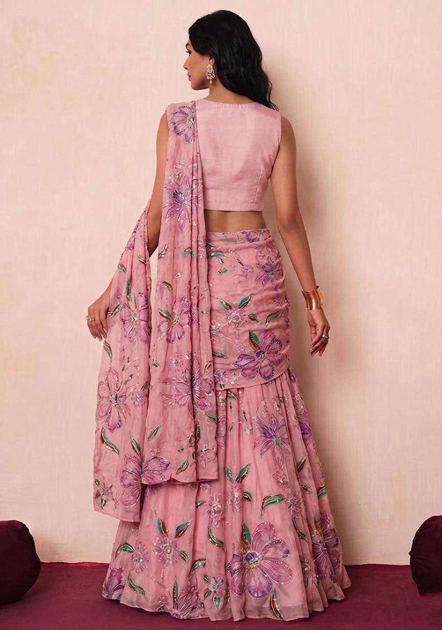 Light Pink Printed Organza Pre Draped Saree Set - Indya