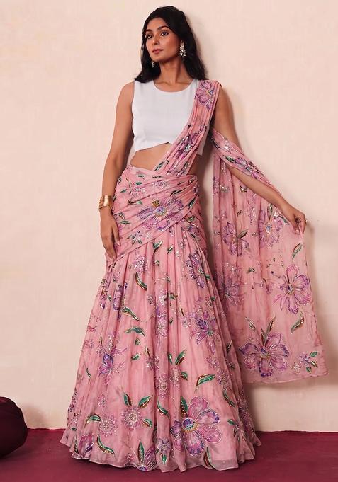 Light Pink Printed Organza Pre Draped Saree Set