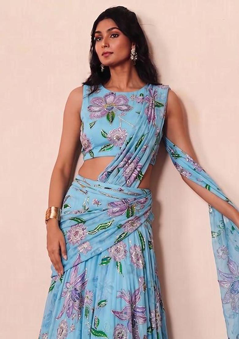Light Blue Printed Organza Pre Draped Saree Set - Indya